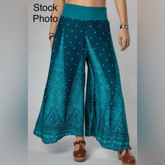 Mexicali Blues Pants - Mexicali Blues Women's Size L/XL Teal Boho Wide Leg Pants Feathers Thailand #565